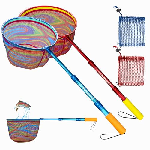 DaddyGoFish Kids Fishing Net - Landing Net Bait Pouch for Catching Fish Frog Minnow Cricket Butterfly Water Beach Lake Pond Gift for Boys and Girls - 2 Pack, Blue + Red