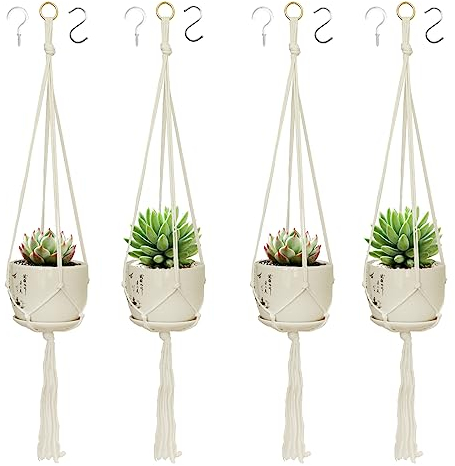 LOOGI Makramee Blumenampel 4er Set,Boho Deko Baumwollseil Hängeampel Blumentopf Pflanzen Halter Aufhänger für Innen Außen Decken Balkone Wanddekoration