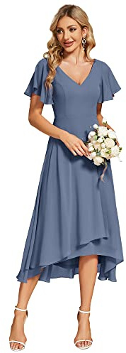 Ever-Pretty Vestito da Damigella d'Onore Maniche Corte Linea A Chiffon Scollo a V Stile Impero Chiffon Abito Elegante Donna Cerimonia Denim Blu 46