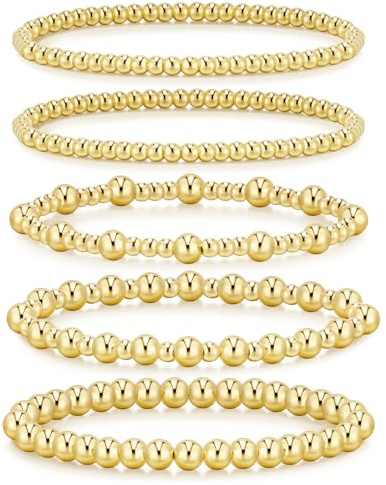 adoyi Gold Bracelets for Women, 14K Gold Plated Beaded Stretch Bracelet Strand Bead Ball Bracelets stack Set Trendy Adjustable Non Tarnish Jewelry Sets for Womens Gifts