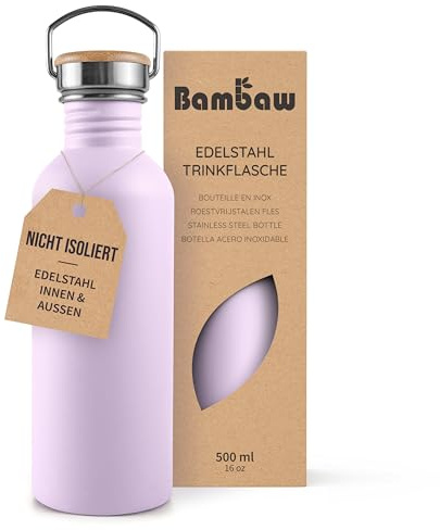 Bambaw Water Bottle 500 ml Stainless Steel, Non-Insulated Drinking Bottle, Purple, Drinking Bottle without BPA, Metal Bottle Children - Lilac Purple