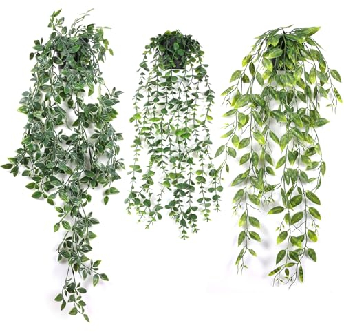 CYZBL 3 Stück Künstliche Hängepflanzen Eukalyptus Blätter mit Töpfen, Künstliche Topfpflanze Eukalyptus Rebe Mandala Ranke Erbsenschotenrebe, Efeu für Garten Party (Kurze Eukalyptusblätter)