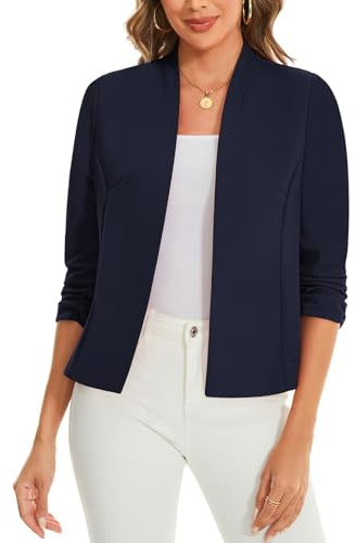 LADI TREND Womens Summer Lightweight Front Lined Blazers 3/4 Ruched Sleeve Breathable Open Front Cardigan Casual Business Suits Jackets Cocktails Parties (Navy Blue L)