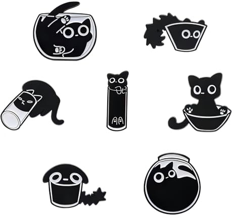 FIHODONE Pins en Émail Chat Noir, 7 Pièces Broches et Pins pour Femme Homme, Broche Femme Fille Chat Noir, Broche Mignonne à Chats pour les Vestes, les T-shirts et les Tenues Décontractées