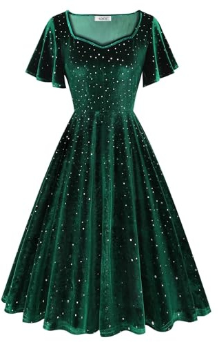 AXOE Femme Robe de Soirée Velours Mi Longue Chic et Glamour pour Invitée Mariage Ceremonie Cocktail Vert Paillette, Taille 46, XXL