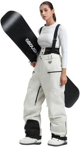GSOU SNOW Womens Oversized Ski Trousers Baggy Snowboard Trousers Ski Salopettes Snow Pants with Braces - Waterproof Windproof Breathable Insulated Warm Off-white