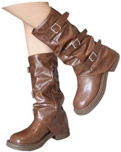 PAIDAXING Stivali da donna a metà polpaccio con fibbia per cintura, suola grossa, tacco basso a blocco, punta rotonda, in ecopelle, stivali casual da donna alla moda autunno inverno cerniera laterale