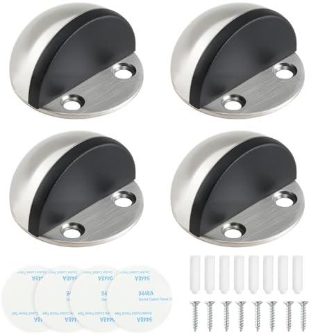 4Pcs Self-Adhesive Floor Door Stoppers, Stainless Steel Oval Mounted with Screws and Adhesive Pads, Door Stops，Sound Dampening Rubber Buffer for Indoor Home and Office Use