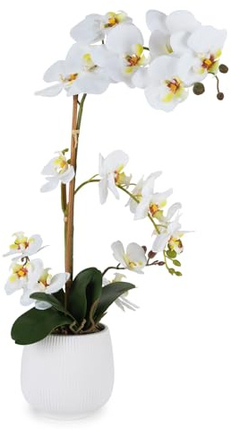 Henriette Orchidea Artificiale Bianca in Vaso di Ceramica Bianco, Pianta Finta con Fiori Bianchi e Gialli, Decorazione Elegante - H 58 cm