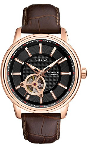 Bulova Men's Classic 3-Hand Automatic Leather Strap Watch, 21-jewels, Hack Feature, Luminous Hands and Markers,Open Aperture and Exhibition Case Back Style: 97A109
