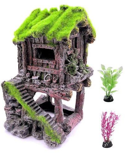 M2cbridge Aquarium Decorations Fish Hideout House Betta Cave with Green Lifelike Moss (Style 4)