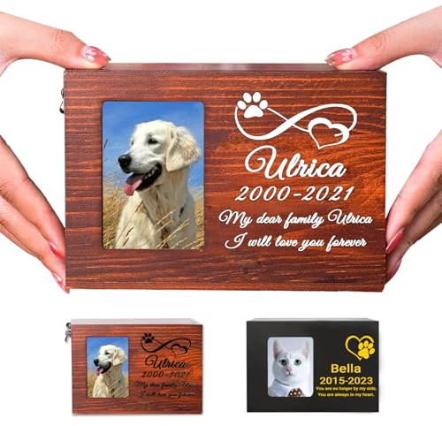 Buaodam Urna Cenizas Perro Personalizadas, para con Imprimir Nombre, Fecha y Texto, con Ranura para Fotos, Caja de Madera de Recuerdo de Urna para Mascotas Personalizada para Perro, Gato (Impresión)