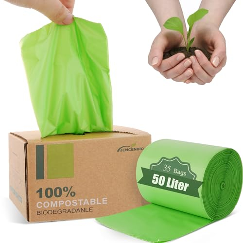 JENCENBIO Sacchetti della spazzatura biodegradabili, 50 litri, 13gallon, extra spessi, 28 µm, 100% compostabili, sacchetti della spazzatura biologici, certificati OK Compost Home