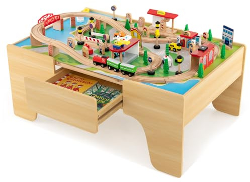 COSTWAY Mesa de Juegos de Tren de Madera, 84 Piezas, Cajón de Almacenamiento, Circuito de Tren de Madera Maciza para Niños y Niñas 3+ Años, 97 x 62,5 x 39,5 cm, Natural (84 Piezas)