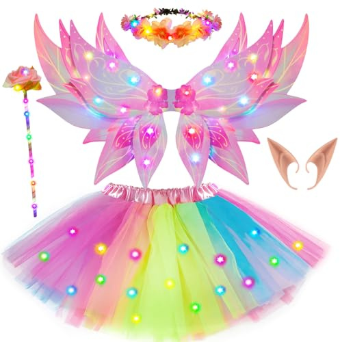 G.C Lumineux Déguisement Fée Fille LED Ailes de Fée Enfant avec Jupe Tutu Couronne de Fleurs Baguette Magique Oreilles Elfe Costume Carnaval Deguisement Halloween Noël pour Fille (Rose)