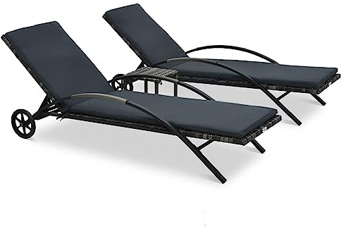 Festnight Doppelliege Outdoor 2 Personen Doppel Gartenliege Rattan mit Tisch Verstellbare Liege Outdoor Rattanliege Liegestuhl mit Auflage Garten Wetterfest