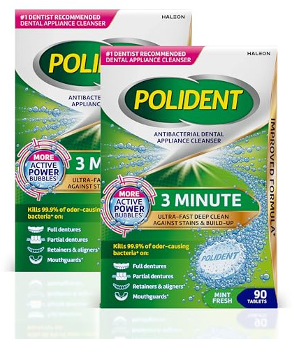 Polident 3 Minute Antibacterial Dental Appliance Cleanser Tablets, 90 Count (2 Pack)