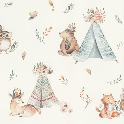 Rasch Tapete 301410 - Vliestapete mit Waldtieren in Aquarell-Optik in Blau - Kindertapete mit Rehen, Bären, Vögeln und Eulen - Kollektion Kids World