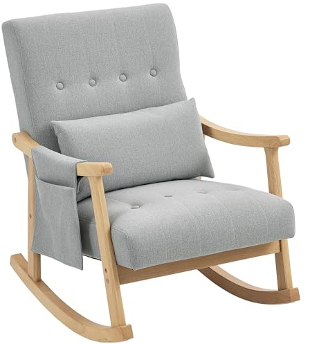 HOMCOM Modern High Back Rocking Chair with Solid Wood Legs, Light Grey
