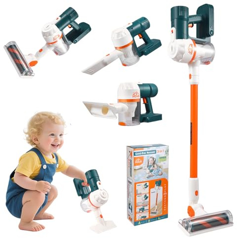 3-in-1 Kinderstaubsauger mit Echter Saugfunktion, Staubsauger Spielzeug mit Dreh- und entfernbarer Bodendüse, Licht und Sound, Bildungsspielzeug, Haushaltsspielzeug für Kinder ab 3 Jahren