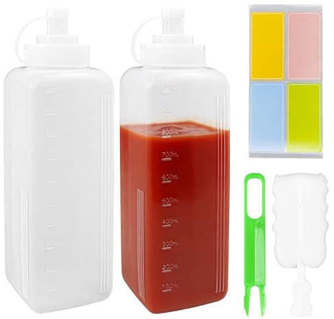 ZXBBTZ 2 PCS Botellas Exprimibles 1000ml Transparentes con Escala, Dispensador de Botellas para Salsa, Aceite y Ketchup, Botella de Salsa Exprimible, Botella de Plástico Reutilizable para Cocina Hogar