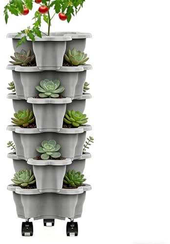 lugreat Fioriera verticale - 6 Livelli con Ruote e Vasi Antitempesta,Torre Portavasi Impilabile da Esterno,per Giardino Balcone Casa Rialzato Fragole Fiori Ortaggi