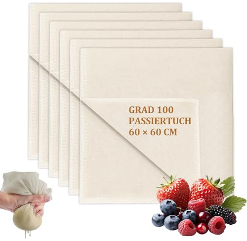 6 Piezas Cheese Cloth Reutilizable, Tela Filtrante 60x60cm con Ribete Cheese Cloth Algodón Suave y Duradero Cocina Lavable para Filtrar Colar Jugo Queso Té Especias