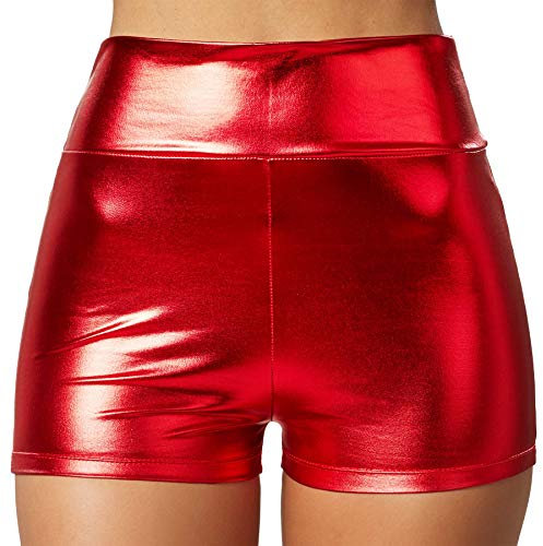 dressforfun 901007 Damen Metallic Hotpants, glänzende Shorts mit hoher Taille, eng anliegende kurze Hose für Tanz Sport Disco Kostüm Fasching Karneval - diverse Größen - (M | rot | Nr. 303583)