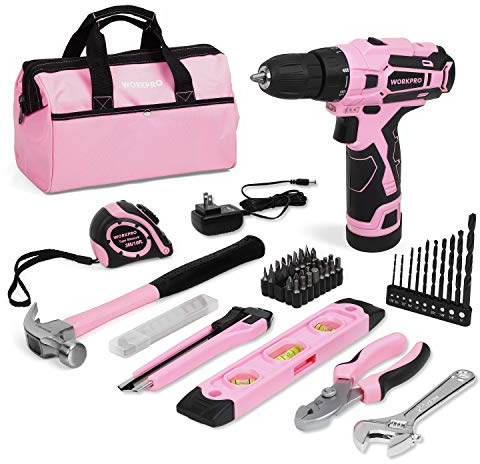 WORKPRO 12V Pink Cordless Drill Driver and Home Tool Kit, Hand Tool Set for DIY, Home Maintenance, 14-inch Storage Bag Included - Pink Ribbon