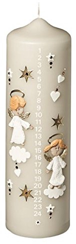 Weihnachtskerzen Adventskalenderkerze 1-24, Hellgrau, Größe 20 x 6 cm, handverzierte Kerze mit aufgelegten Engel, Adventkerze