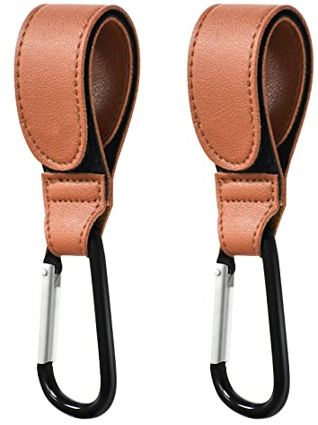 Babyfond 2 Stück Kinderwagen Organizer Haken Clip, Leder karabiner Kinderwagen taschenhalter Organizer Hakenclip für Einkaufs, Windel Taschen und Umkleide (Braun)
