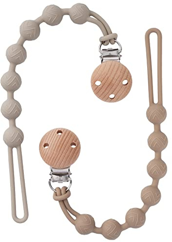 Silicone Dummy Clip for Baby Boys and Girls, One Piece Pacifier Clips, Wooden Soother Clips Design, Fits Most Pacifiers and Teething Toys, 2 Pack (Sand+Light Grey)