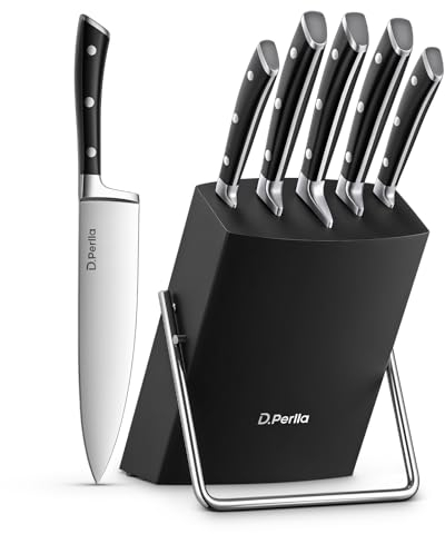 D.Perlla 6-Piece Kitchen Knife Set with High Carbon German Stainless Steel Blades, Sharp Knife Block Set with Stylish Acacia Wood Block, Black
