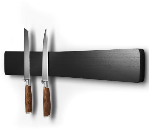 Magnetic Knife Holder for Wall, Acacia Wood Knife Magnetic Strip No Drill Knife Magnet Storage Bar Magnetic Tool Key Holder Strip for Kitchen Utensil Organizer (Black, 16 Inch)