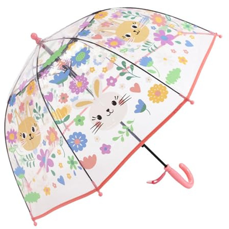 ThreeH Children's Clear Umbrella Arched Automatic Transparent Dome Bubble Surface with Cute Cartoon Cat 8 Ribs for Girls,Pink