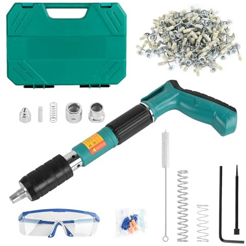 Pistola sparachiodi con 110 chiodi rotondi,kit pistola sparachiodi per calcestruzzo,strumento manuale per unghie in acciaio regolabile a 5 velocità con guanti,spazzola,occhiali,tappi per le orecchie