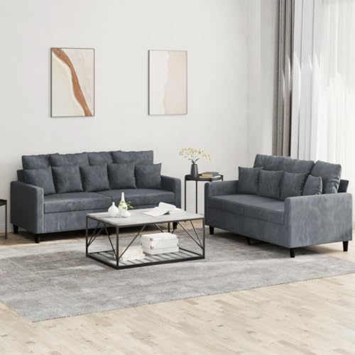 Homgoday Juego de 2 piezas de sofá con cojín, sofá de salón, sofá con respaldo, sofá de invitados, moderno para salón, oficina, dormitorio, gris oscuro, terciopelo