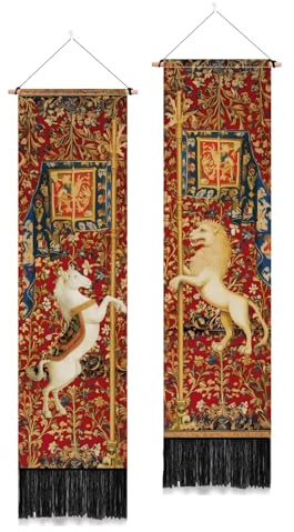 PLIGREAT Confezione da 2 arazzi da parete con cavallo e leone, verticali, vintage, con nappe, per camera da letto, soggiorno, lungo, sottile, decorazione per la casa, regalo