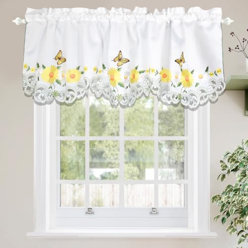 Molaxhome Bella mantovana per finestra ricamata abbagliante, mantovana con tasca per asta e ripiani per la decorazione della casa (giallo, larghezza 52 x lunghezza 18 cm)