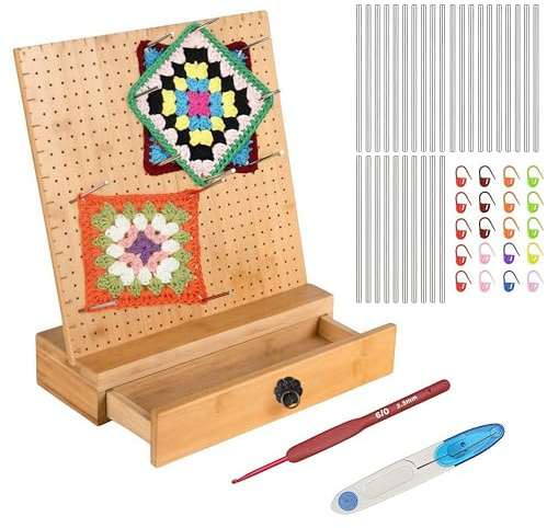 Crochet Blocking Board 8 inch Suit, Wooden Crochet Blocking Board and 30 Pins, Granny Square Blocking Board, Knitting Blocking Board with Drawers,Blocking Boards for Crochet and Knitting Projects