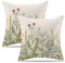 Set of 2 Cushion Covers 45 x 45 cm, Linen Sage Green Wild Flower Plant Pillow Covers with Invisible Zipper, Floral Designs Pillowcase for Sofa Bed Outdoor Garden Spring Summer Decor