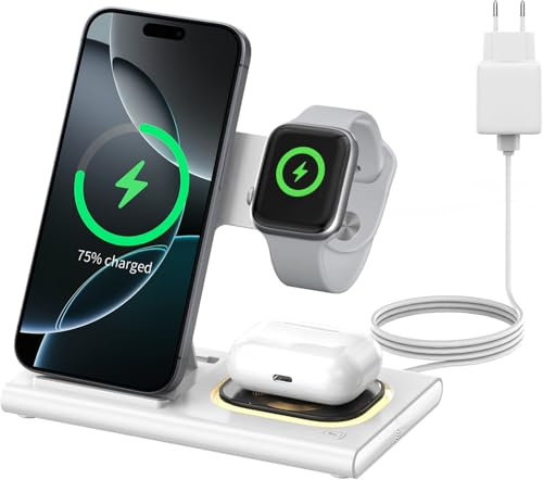 Aimtel 3 in 1 Induktive Ladestation Faltbare&Nachtlichter Kompatibel mit iPhone 17/17 Pro/17 Pro Max/17 Air/16/15/14/13,Apple Watch 11/Ultra 3/10/9/8/SE 3 für Air-Pods Pro/4/3/2 Kabelloses Ladegerät