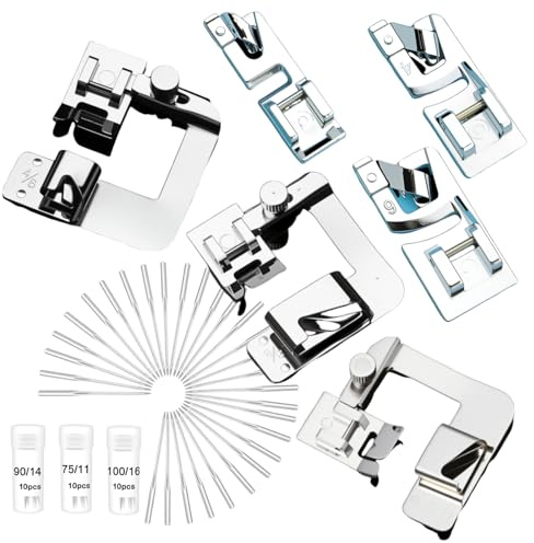 Sewing Machine Hemming Presser Foot Set, 3 Pcs Narrow Rolled Hem Sewing Machine Presser Foot and 3 Pcs Wide Hem Feet h 30 Needles