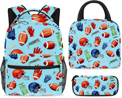 ewndhtse School Backpack Set with Lunch Bag Pencil Case, 3 Pcs School Bookbags Set Travel Rucksack Casual Daypack for Teens Girls Boys Primary Junior Middle - American Footballs Field Gloves Helmets