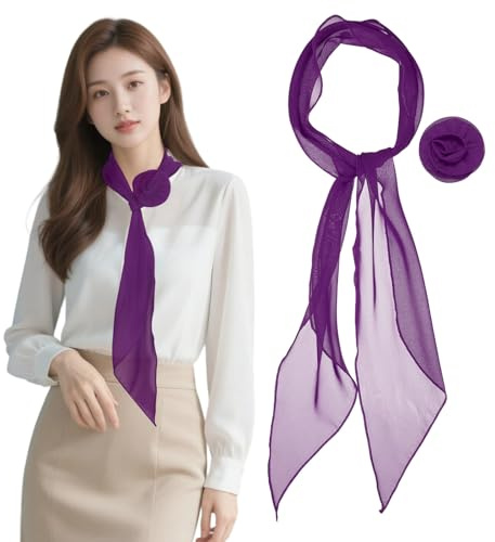 YELARXI Chiffon Scarf for Women, Long Skinny Chiffon Neckerchief with Detachable Rose Flower Light Soft - Fitting for (Hair Ribbon - Headband - Dresses-Bridal Scarve) 47 in & Deep Purple