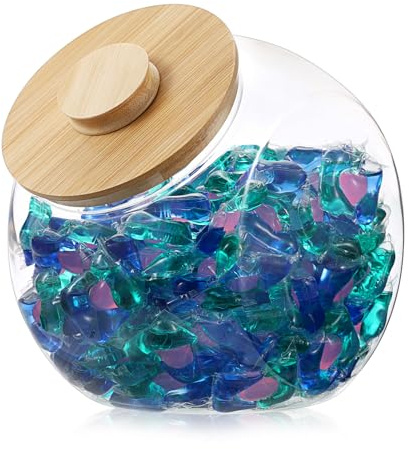 TOLIDA Clear Laundry Pods Container with Bamboo Lid - Large Capacity Storage Box Jar for Washing Powder, Detergent Pods Holder for Laundry Room, Plastic Storage Canister for Washing Pods, bath Bombs