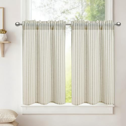 DWCN Randiga gröna gardiner linne skivgardiner korta H 90 x 60 cm 2 stycken halvtransparenta köksgardiner modern bistrogardin med gardinstång för barnrum skåpgardin badrum bondgård