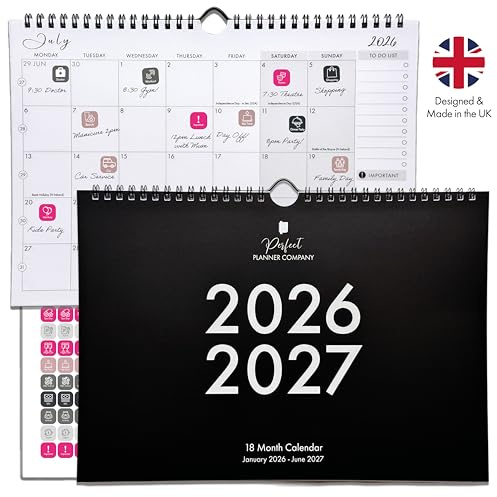 Family Wall Calendar 2026-2027 A4 with Stickers. Month to View, January 26 to June 27 (18 Month) Family & Couples Calendar Organiser, Student, Home & Office. Perfect Planner Company.