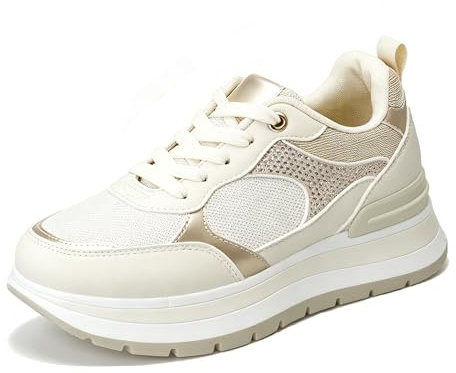 CLEIKS Sneakers Donna Platform Beige-Oro Design Glam con Dettagli in Strass Scarpe Casual Traspiranti per Tutti i Giorni (Beige, 38EU, WSC260168-7)