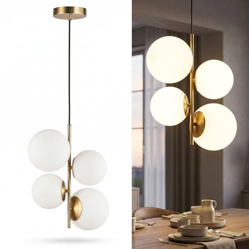 BARCELONA LED Lampadario a Sospensione con 4 Sfere in Vetro Opalino Bianco, Corpo in Metallo Oro/Rame, Moderno e Retrò, Ideale per Camera, Ufficio, Scale, Sala da Pranzo, Caffè, Ingresso